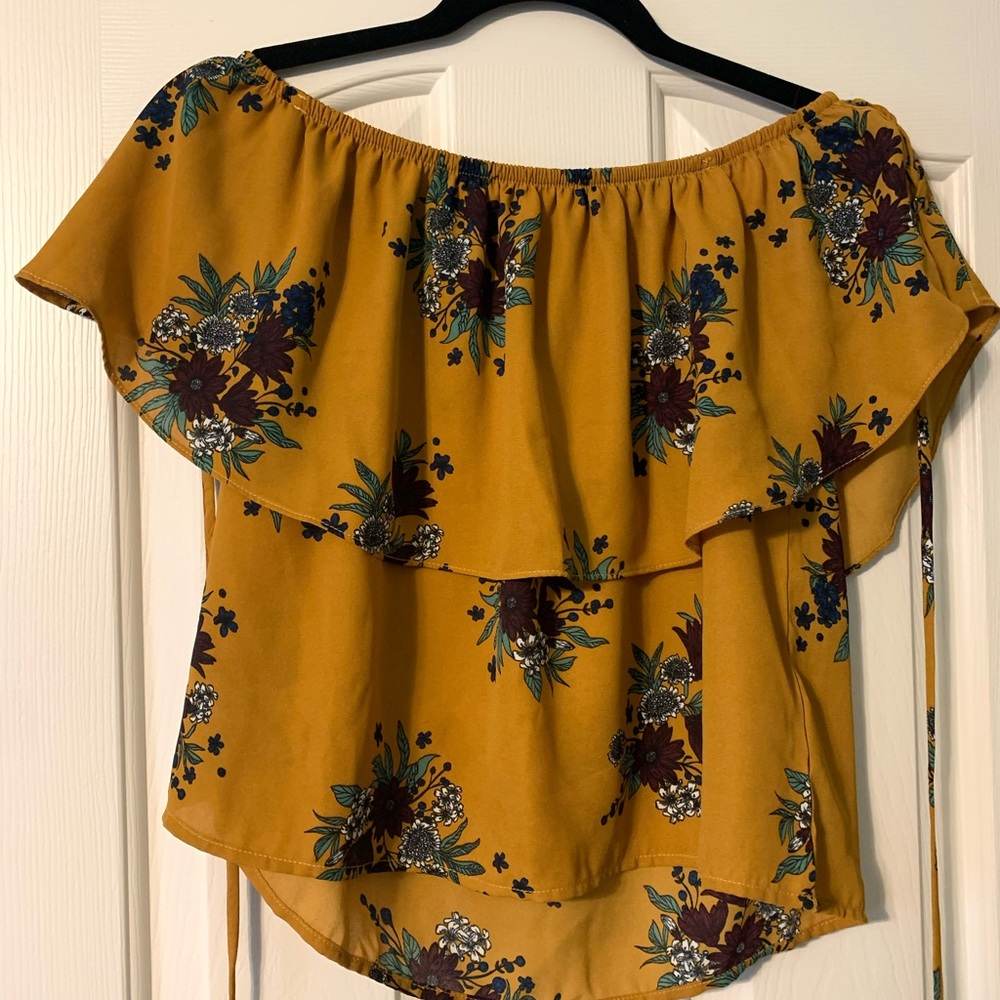 yellow flower no shoulder blouse